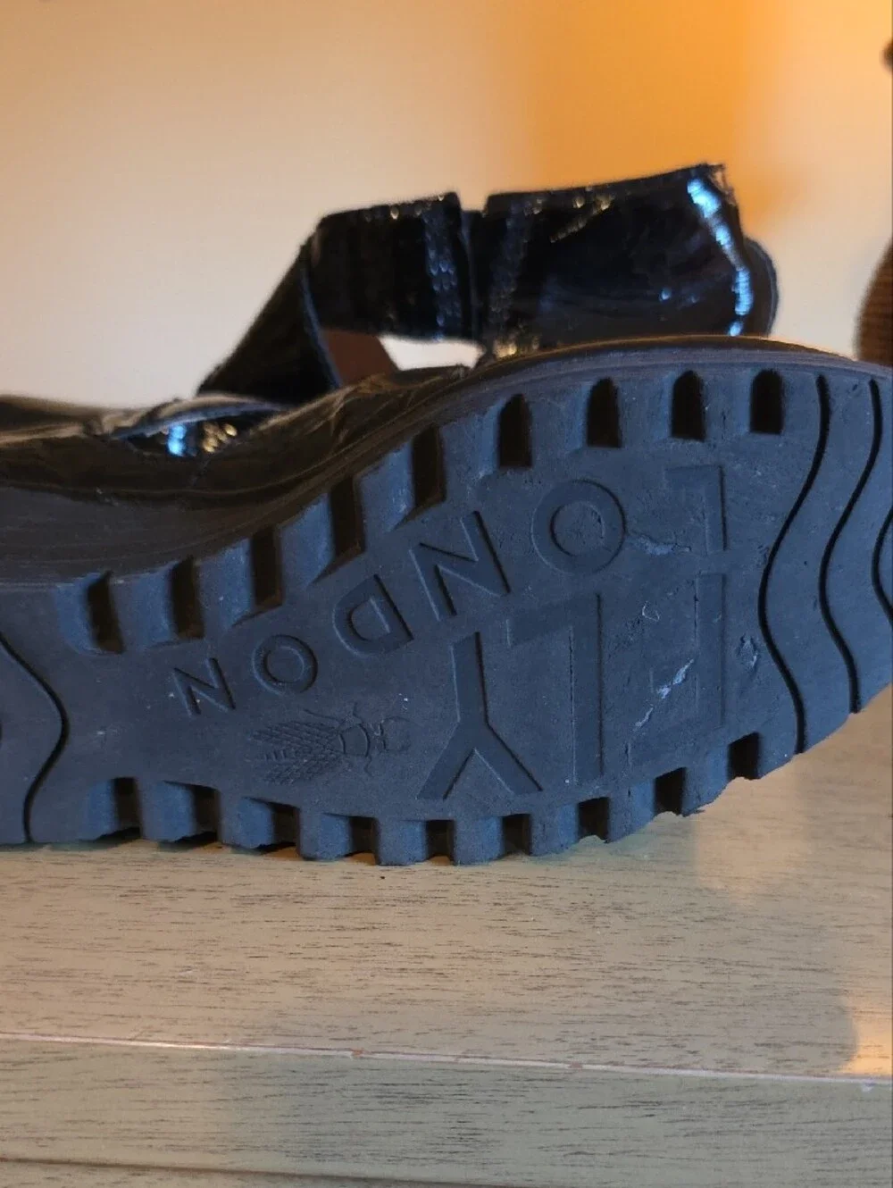 Fly London Black Patent Crisscross Platform Sandals
